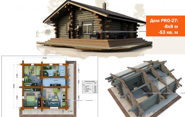 Деревянный дом 8х8 м, ручная рубка