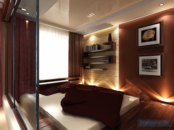 Спальная комната 16 кв. м, выполненная в современном стиле с элементами азиатской этники.
