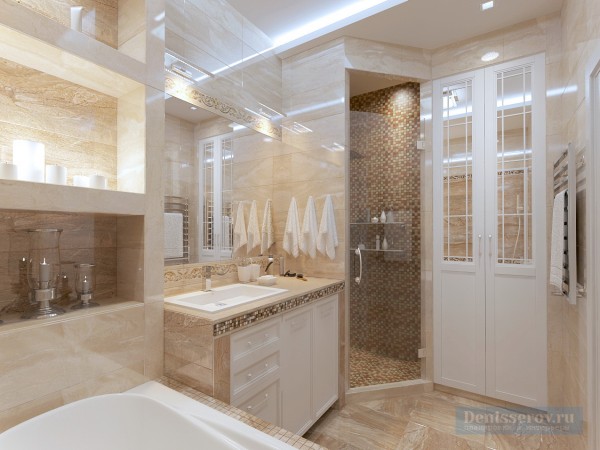 Ванная комната 18 кв. м в современном классическом стиле.