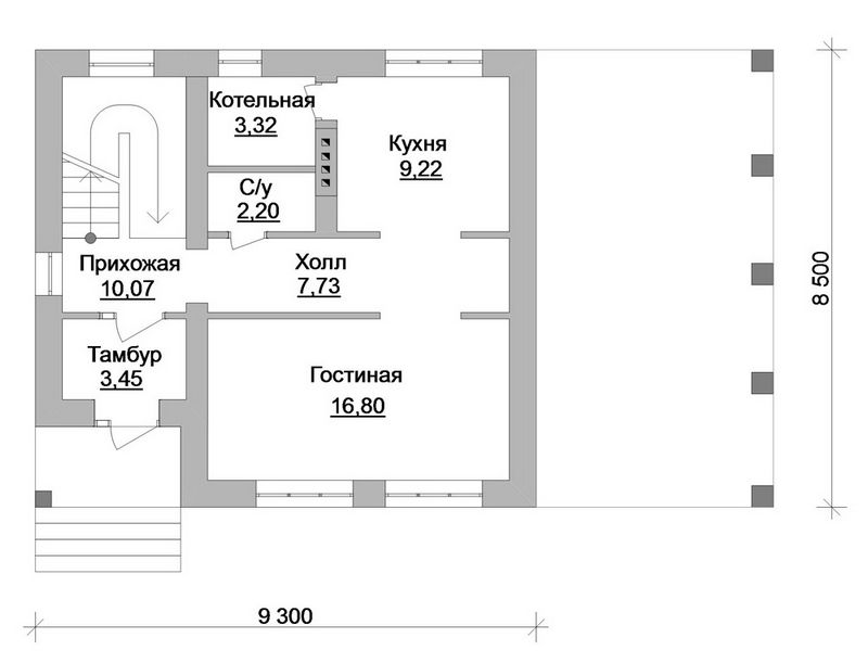 Эскизный проект 1-этажного коттеджа с мансардой и  план