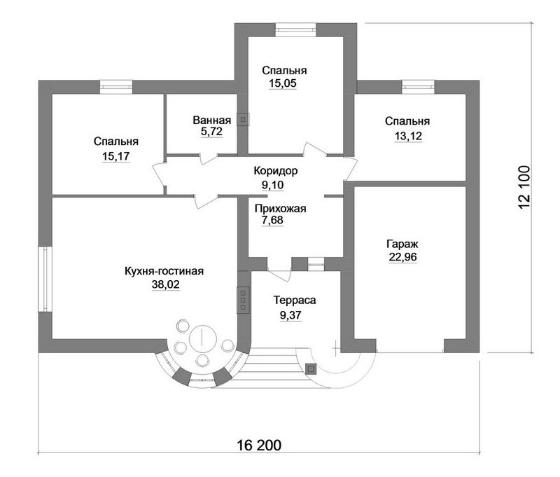 Эскизный проект одноэтажного дома с 3 спальнями план
