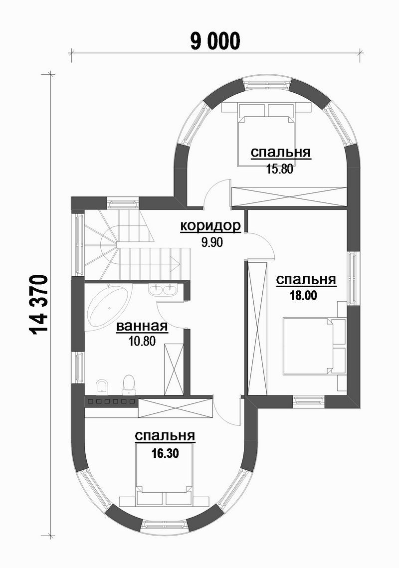 Проект двухэтажного дома с 4 спальнями и террасой план