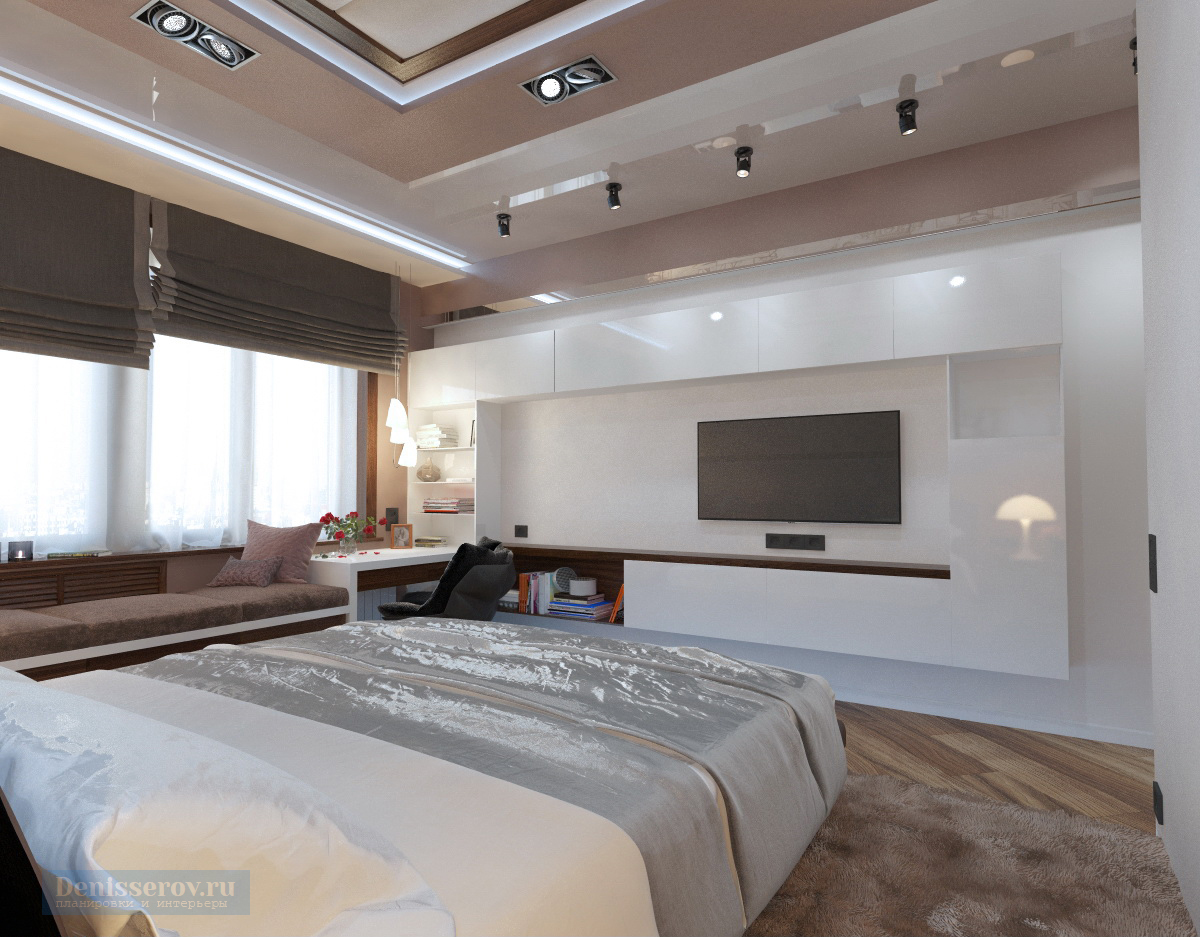 Дизайн спальни 16 кв.м в современном стиле с гардеробной, квадратная и прямоугольная спальня