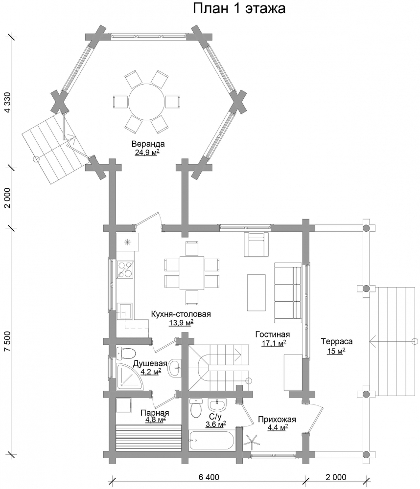 Проект бревенчатого дома AM-2020 план
