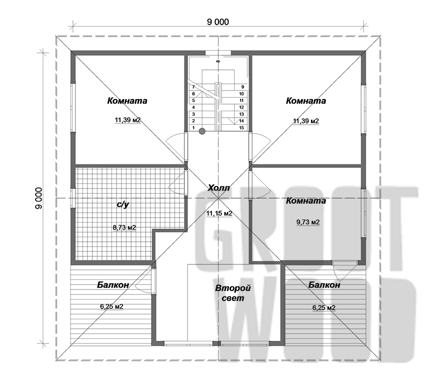 Полутораэтажный дом 9 х 9 м, 162 кв. м. план