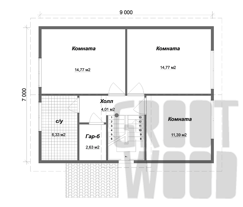 Полутораэтажный дом 9 х 7 м, 134 кв. м. план
