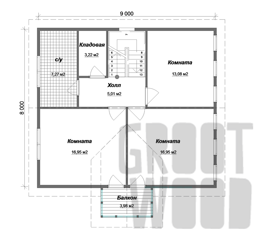 Полутораэтажный дом 9 х 8 м, 152 кв. м. план