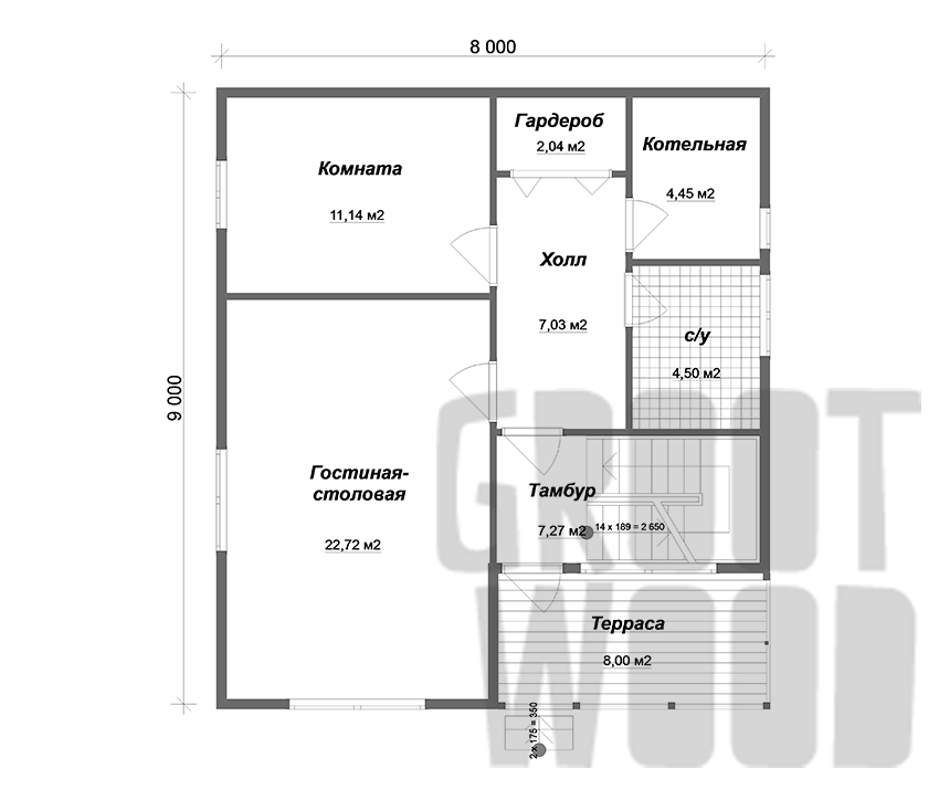 Полутораэтажный дом 9 х 8 м, 144 кв. м. план