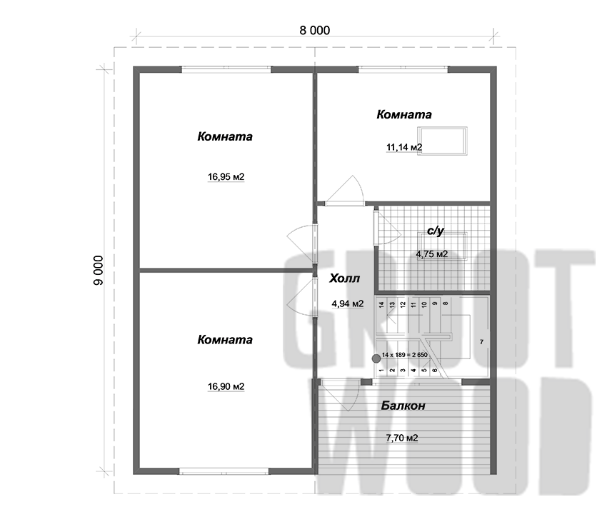 Полутораэтажный дом 9 х 8 м, 144 кв. м. план