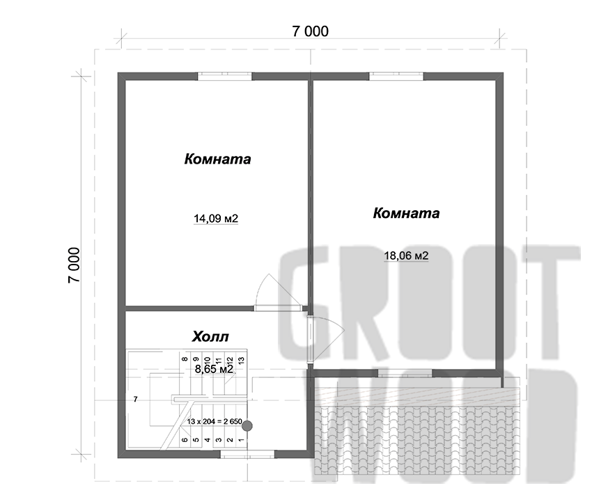 Полутораэтажный дом 7 х 7 м, 93 кв. м. план