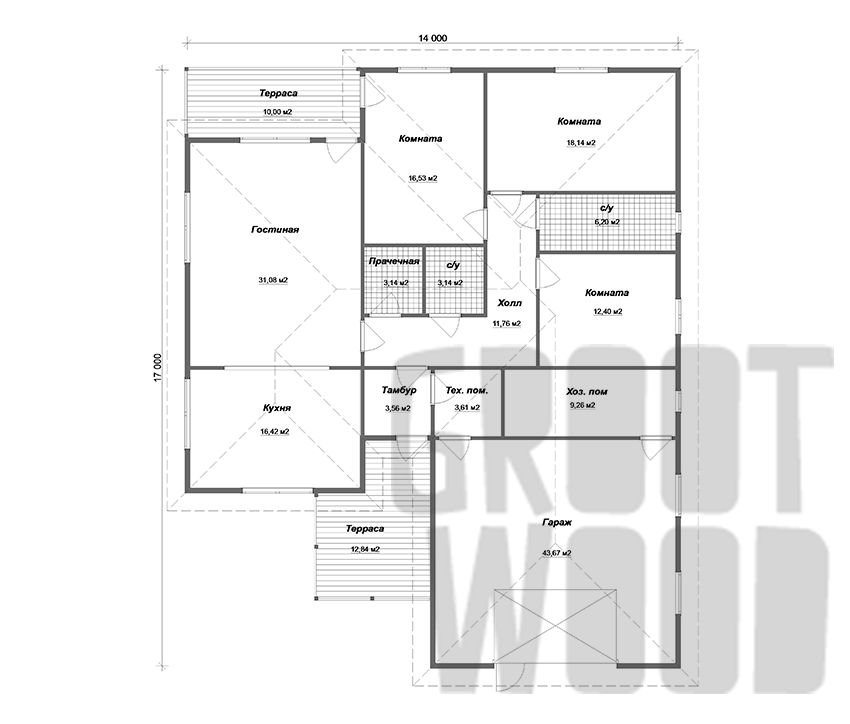 Одноэтажный дом 17 х 14 м, 213 кв. м. с гаражом план