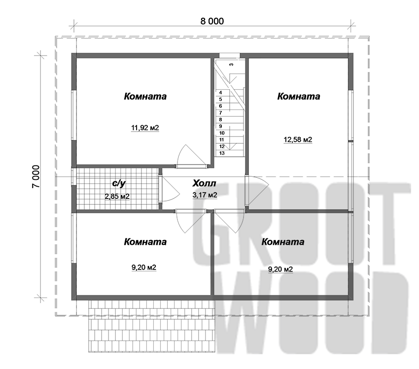 Полутораэтажный дом 8 х 7 м, 131 кв. м. план