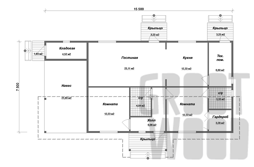 Одноэтажный дом 15 х 7 м, 116 кв. м. план