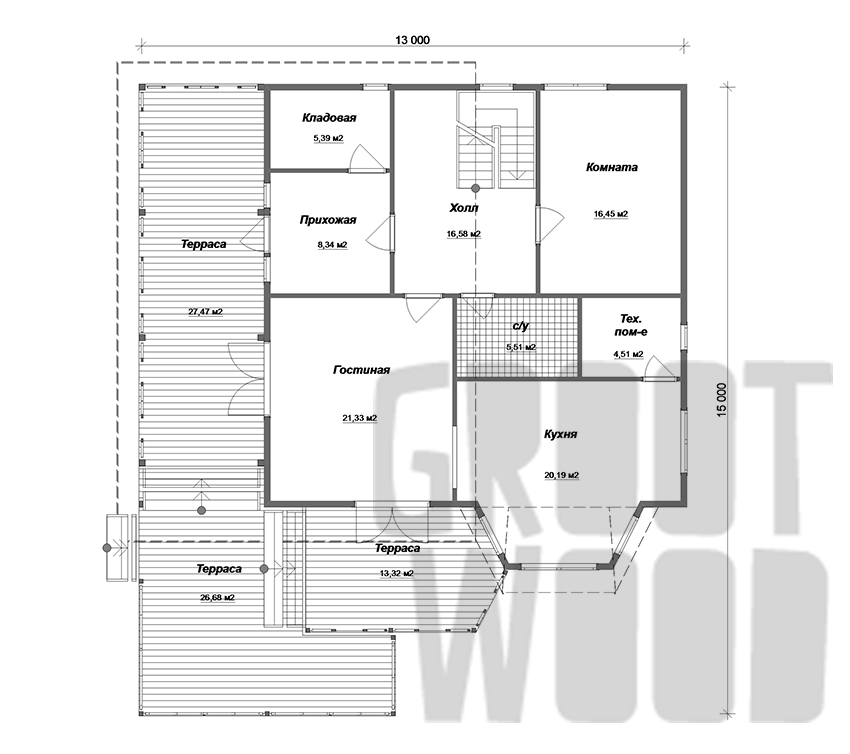 Полутораэтажный дом 15 х 13 м, 273 кв. м. план