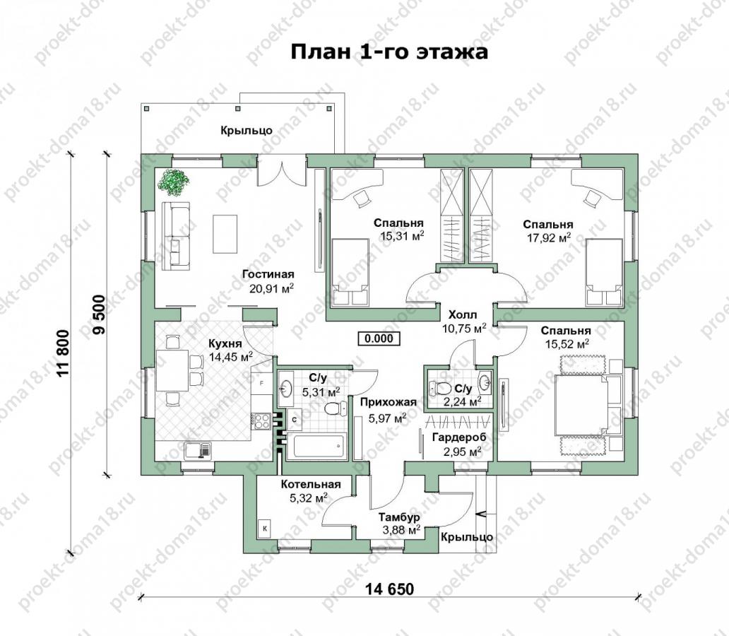 Проект одноэтажного дома площадью 120 кв. м. план