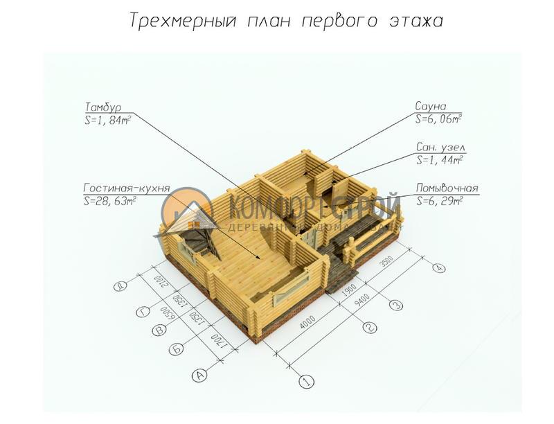 Дом-баня 91.55 м2 6.5х9.4 по проекту ОПУШКА  план