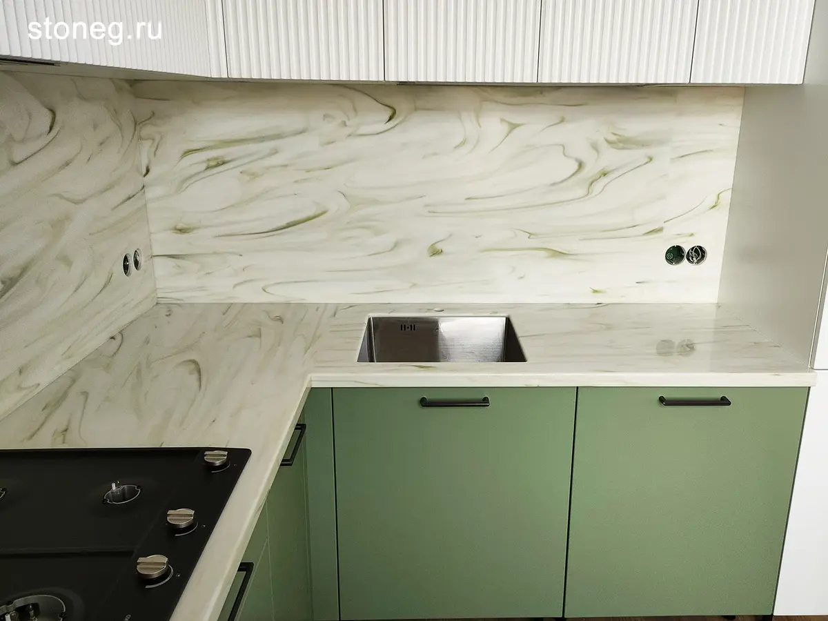 Corian Onyx: столешница со стеновыми для зелёной кухни 4