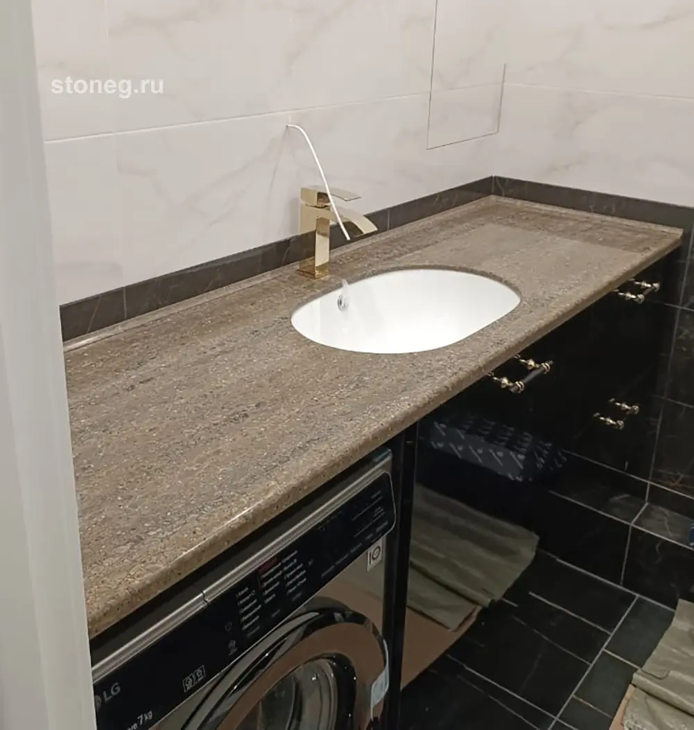 Выраженные текстуры в интерьере ванной - столешница из искусственного камня Hanex 1