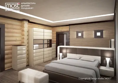 Современная спальня в доме из круглого бруса
