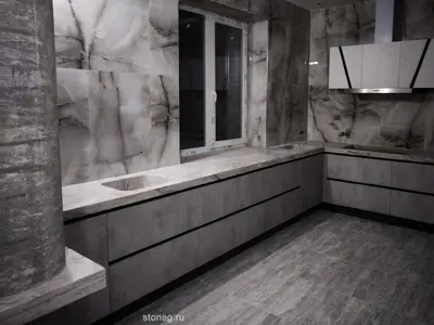 Кухонная столешница и барная из искусственного камня Corian под мрамор